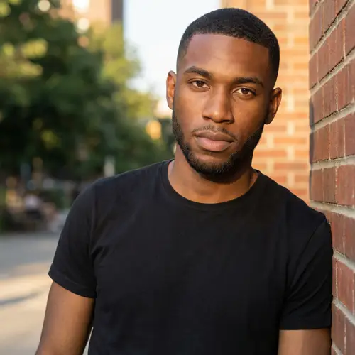 Stylish African American Young Man in Black T-Shirt