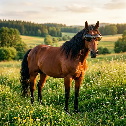 Cool Horse with Sunglasses in a Meadow