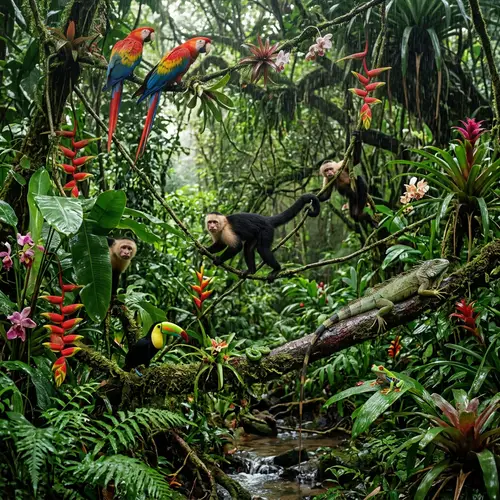 Lush Rainforest Scene with Tropical Flora and Wildlife