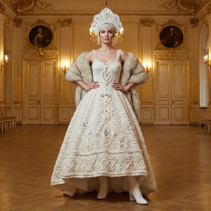 Russian Crochet Wedding Dress with Bulky Yarn in White Color