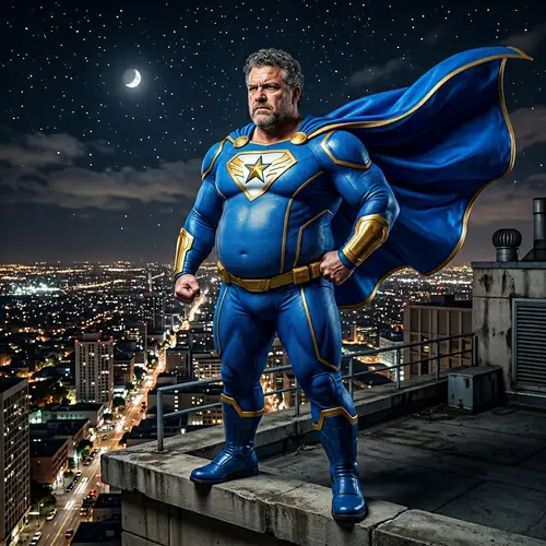 Plus-Size Male Superhero in Vibrant Blue and Gold Costume