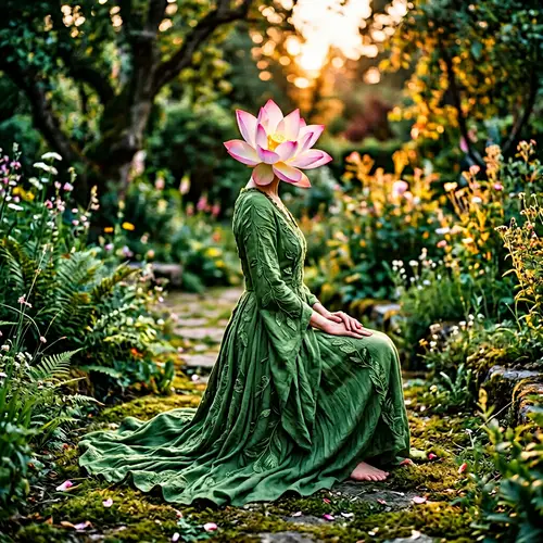 Green Plant Lady with Lotus Flower Head
