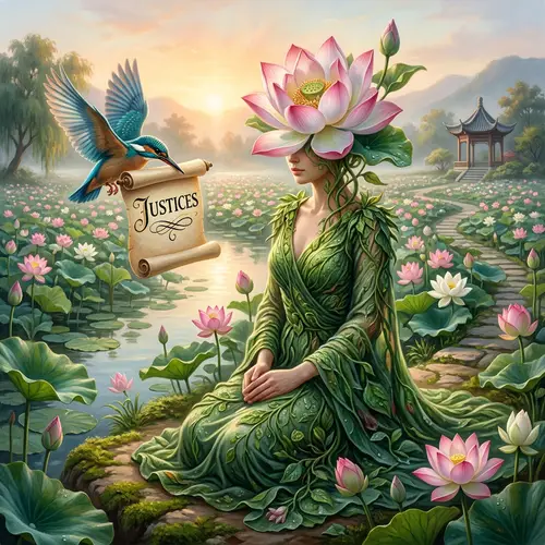 Serene Lotus Lady in Green Dress Surrounded by Justice Bird