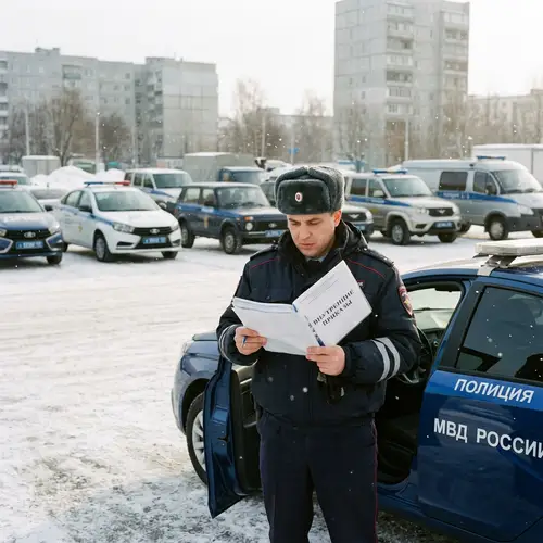 Male Russian MVD Officer Examining Documents | Law Enforcement Vehicles in Russian Parking Area