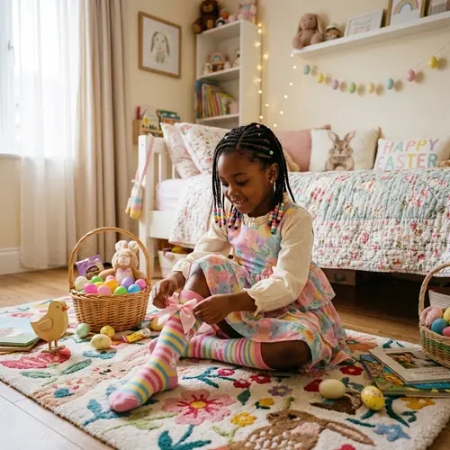 African Descent Schoolgirl Easter Decor Scene
