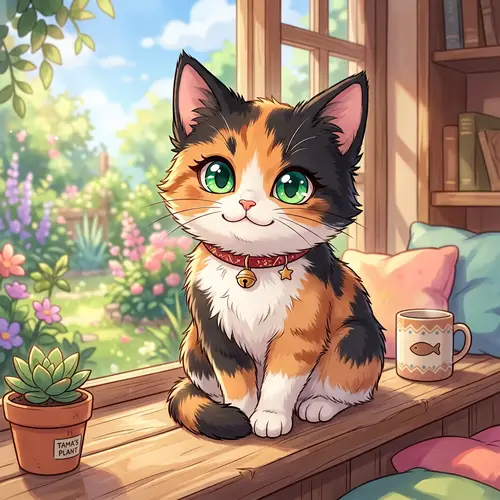 Anime Style Black, Orange & White Cat with Green Eyes