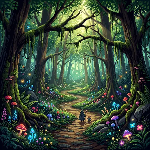 Magical Forest Pixel Art: Enchanting Scene with Glowing Mushrooms