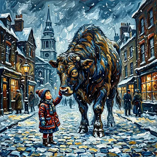 Van Gogh-inspired Asian Child and Kui Mythical Beast Encounter in Old London