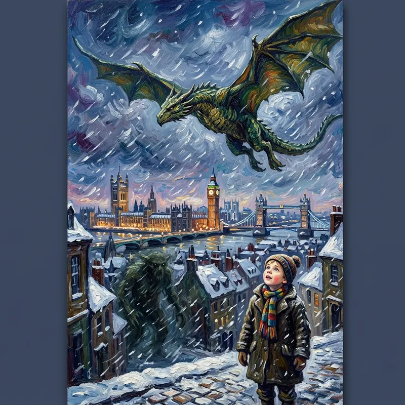 Shantak Bird in London Snowstorm, Van Gogh Style, Vertical Art