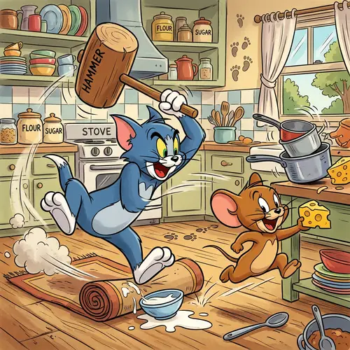 Cat and Mouse Cartoonish Chase: A Timeless Humorous Scene