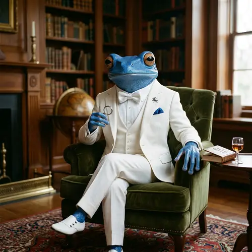 Sophisticated Blue Frog in White Suit