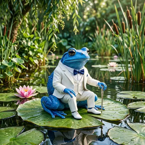 Elegant Blue Frog in White Suit - Nature & Style Fusion