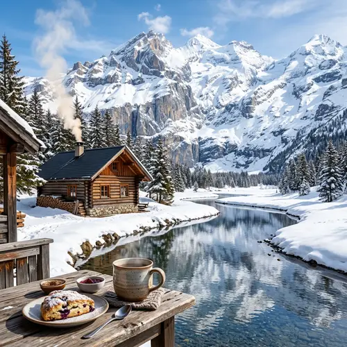 Serene Mountain Scene with Snow-Covered Peaks and Rustic Hut