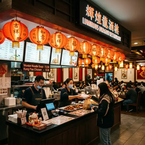 Luminous Chinese Restaurant Counter with Lanterns