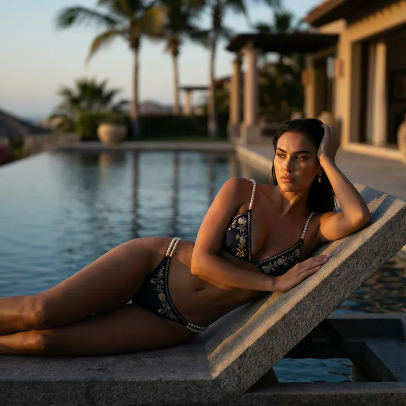 Elegant Swimwear Fashion by Luxurious Pool