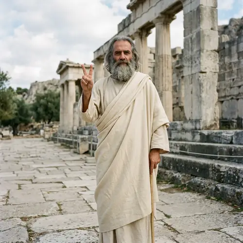 Ancient Greek Philosopher in Long Robe Making Peace Sign