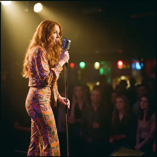 Passionate Singer with Long Red Hair in Vibrant Retro Outfit