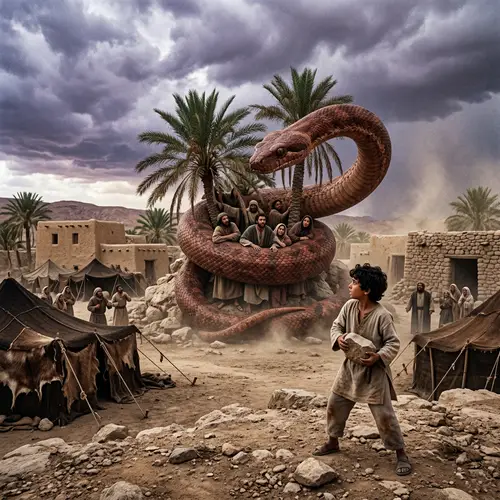 Pre-Islamic Arabian Era: Young Boy Defends Captive People from Giant Snake