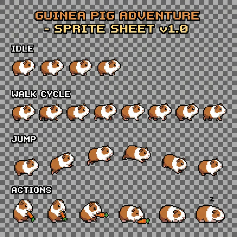 Guinea Pig Pixel Art Sprite Sheet for Game Dev