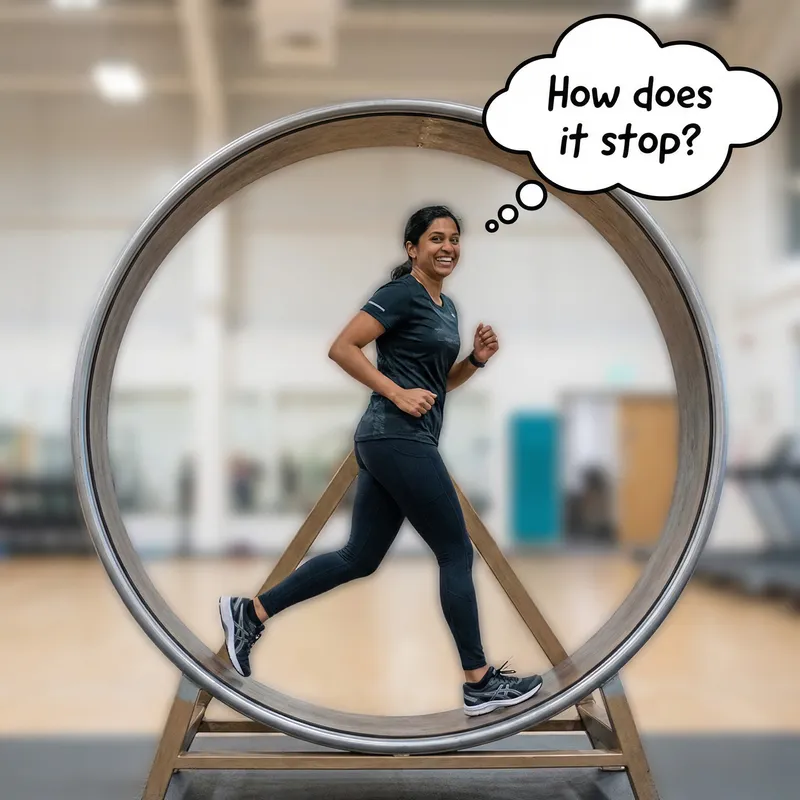 Woman Running in Hamster Wheel with Thought Cloud | Curious Energy