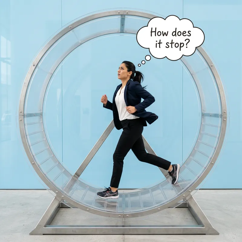 Curious Businesswoman in Hamster Wheel on Blue Background