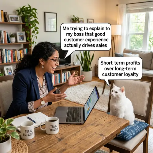Woman Explaining Customer Experience vs Short-Term Profits
