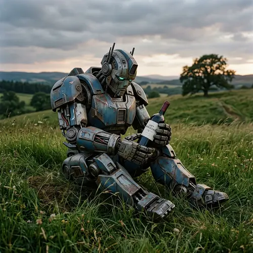 Melancholic Transformer-Like Character Enjoying Wine on Grassy Field