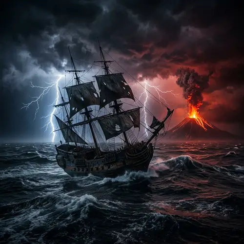 Abandoned Pirate Ship Brave Voyage Amidst Thunderstorm and Erupting Volcano