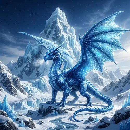 Ice Dragon Majestic Scene Before towering Ice Mountain