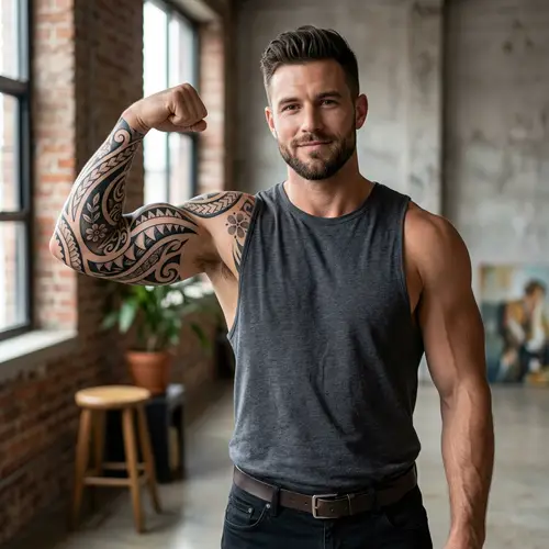 Male Tribal Sleeve Tattoo Design with Small Flower Motifs and Sharktooth