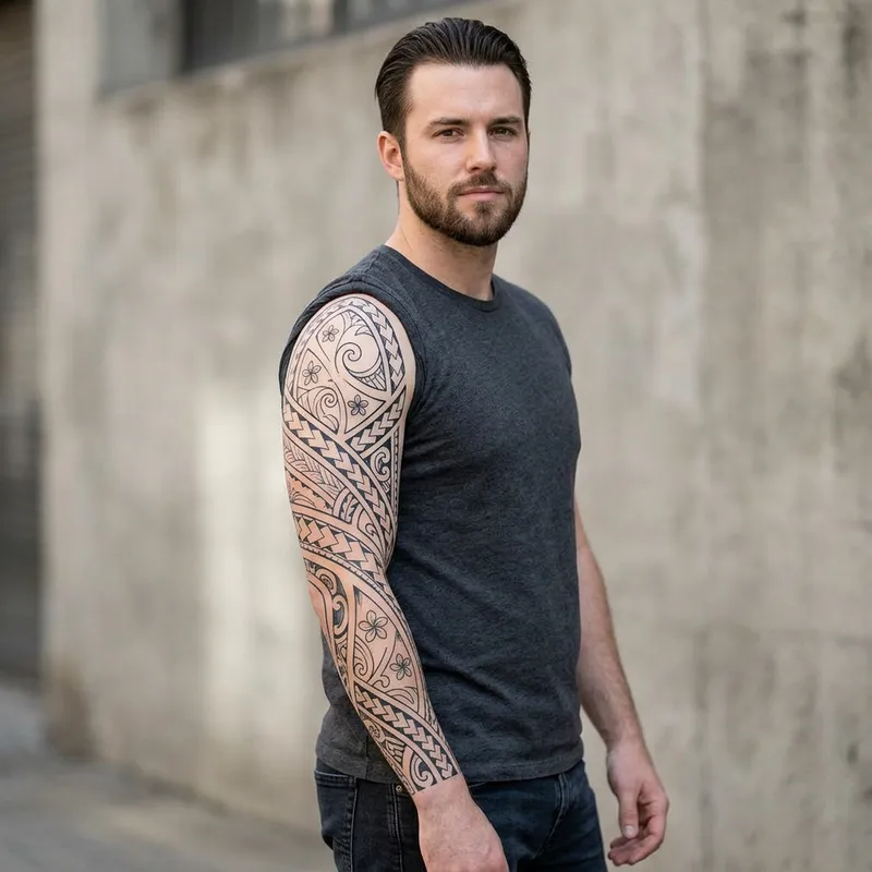 Male Tribal Sleeve Tattoo Design with Flower Motifs & Sharktooth