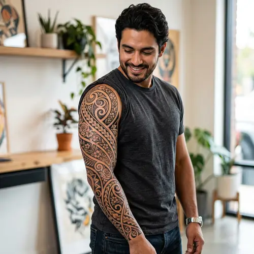 Geometric Sleeve Tattoo Design with Flower Motifs & Sharktooth Tribal Essence