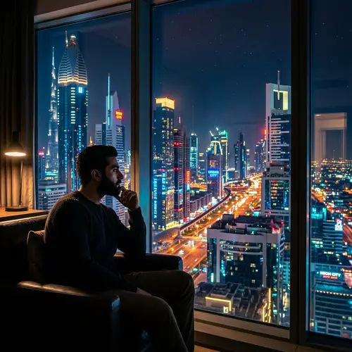 Man Looking Out Window at Neon Skyscrapers | City's Electrifying Energy