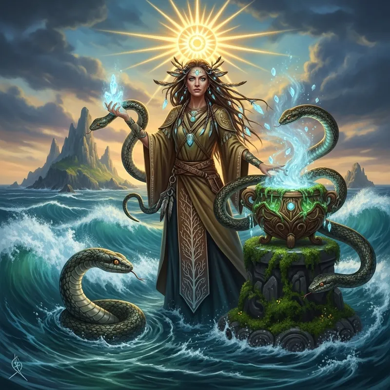 Powerful Solitary Woman Surrounded by Magic Symbols