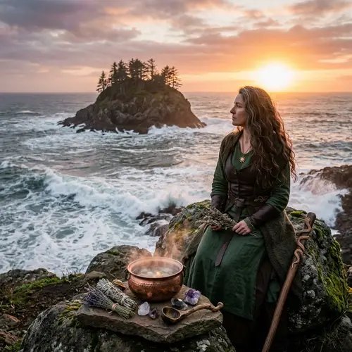 Powerful Solitary Woman Surrounded by Magic Symbols