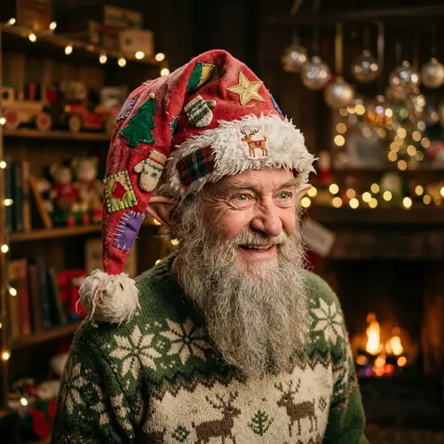 Whimsical Elf in Festive Santa Hat with Patchwork - Joyful Spirit