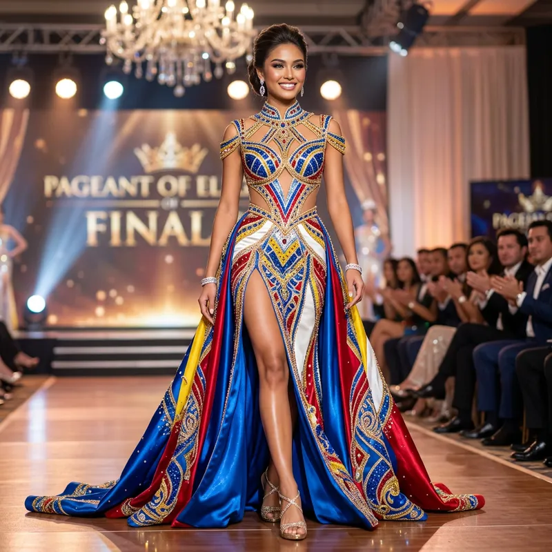 Elegant Blue, Red, Yellow & White Pageant Gown with Exquisite Design