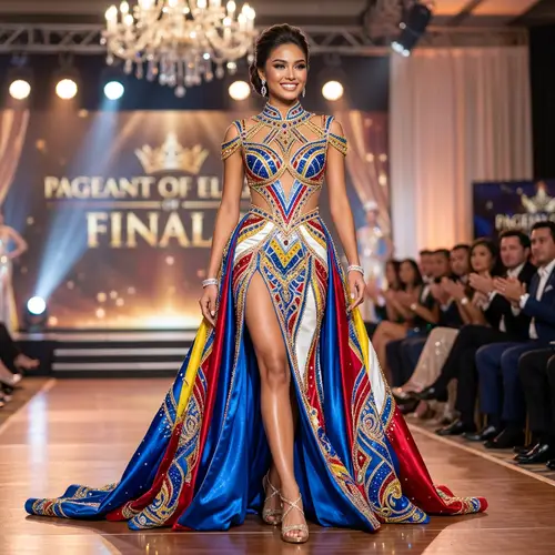 Luxurious Blue, Red, Yellow & White Pageant Gown