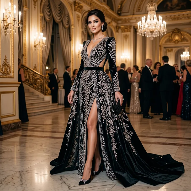 Elegant Black Gown with Shining Crystals | High-Quality Dress