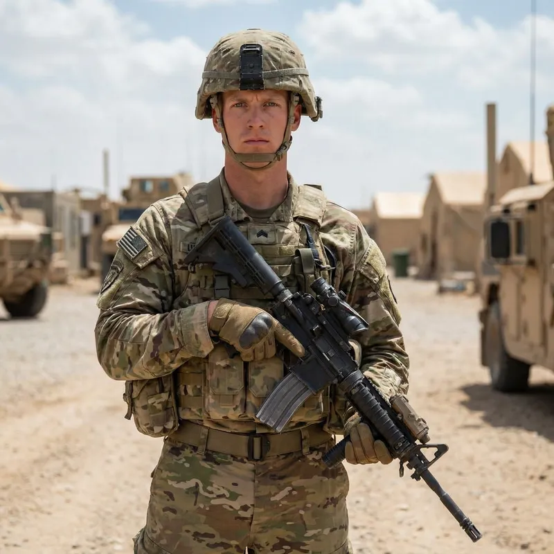 Tall Blond Soldier in Military Uniform with Stern Expression and Rifle Tall Blond Soldier in Military Uniform with Stern Expression and Rifle