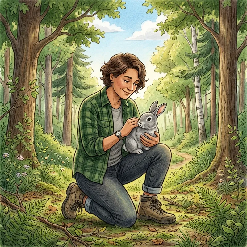 Compassionate Individual Assisting Animal in Artistic Rendering