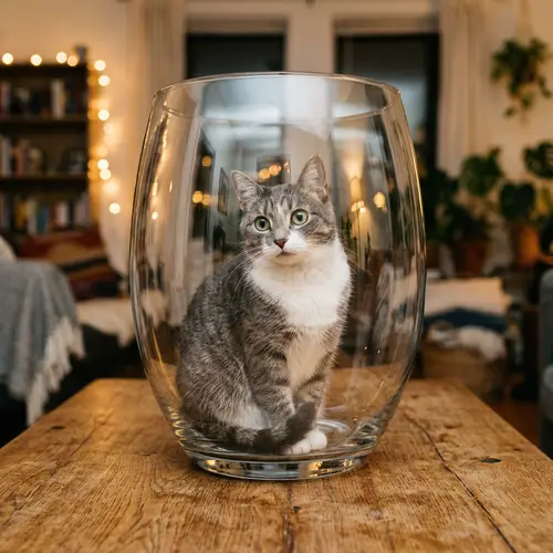 Curious Cat in Glass: Intriguing Reflections & Cozy Setting