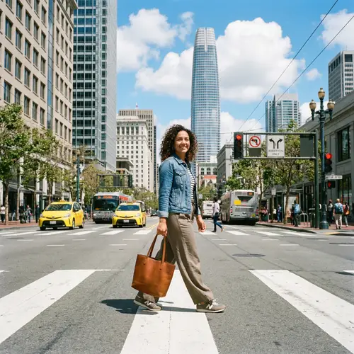 Modern Hispanic Woman Crossing Urban Crosswalk
