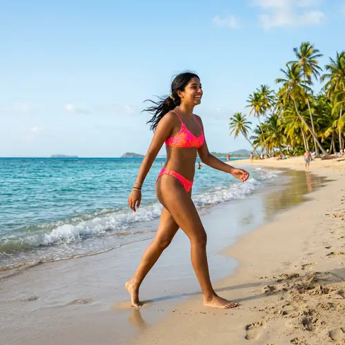 Young South Asian Woman on Sandy Beach in Neon Two-piece Swimsuit
