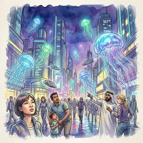 Bright City Under Siege: Alien Jellyfish Attack Drawing
