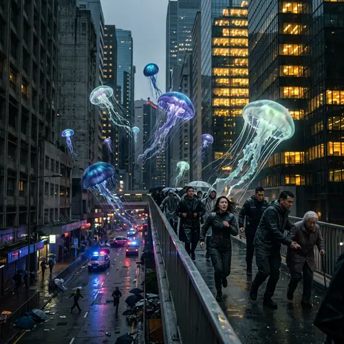 Dark City Invasion: Alien Jellyfish in Futuristic Urban Landscape