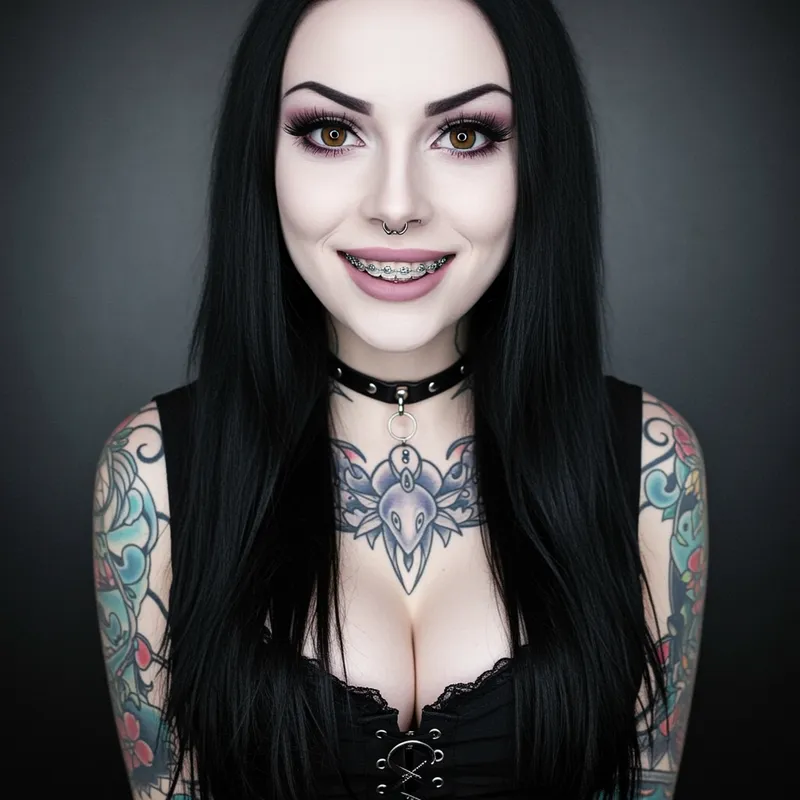 Confident Pale Goth Woman with Tattoos and Braces