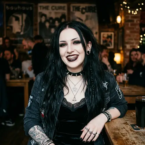 Confident Goth Woman with Tattoos and Braces