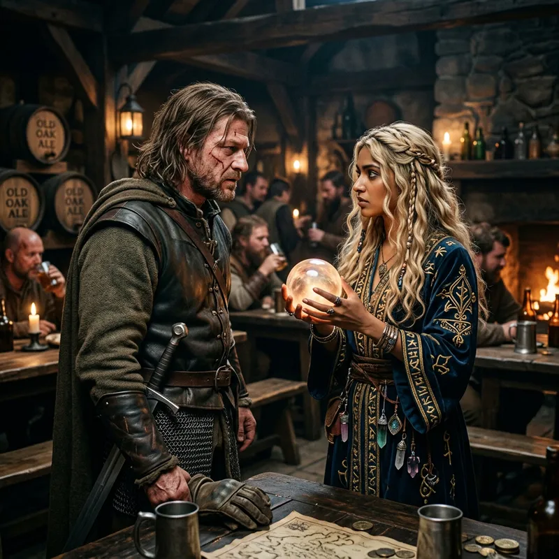 Man with Scars and Sorceress in Dimly Lit Tavern