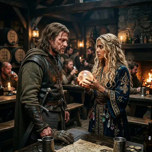 Intense Discussion in Dimly Lit Tavern - Man and Sorceress Meeting